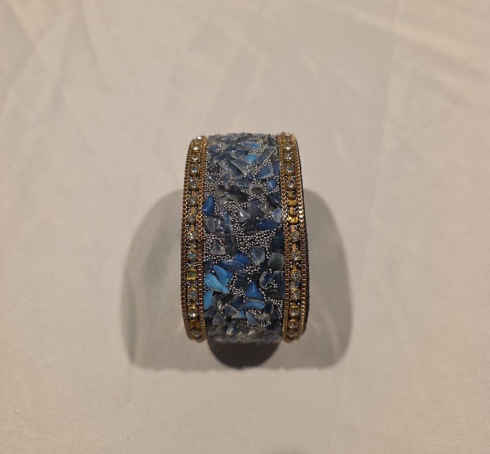 Blue Mosaic Stone and Gold Accent Wide Bangle Bracelet